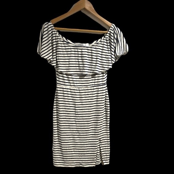Lovers + Friends dress navy blue‎ white striped off the shoulder small stretch - Picture 3 of 7